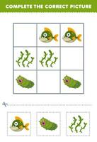 formazione scolastica gioco per bambini completare il corretta immagine di un' carino cartone animato piranha cetriolo e alga marina stampabile subacqueo foglio di lavoro vettore