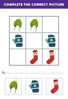 formazione scolastica gioco per bambini completare il corretta immagine di un' carino cartone animato Beanie cappello muffola e calzino stampabile inverno foglio di lavoro vettore