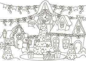 Natale cittadina con Natale albero e i regali, pupazzo di neve personaggio e dolci colorazione pagina per bambini e adulti vettore