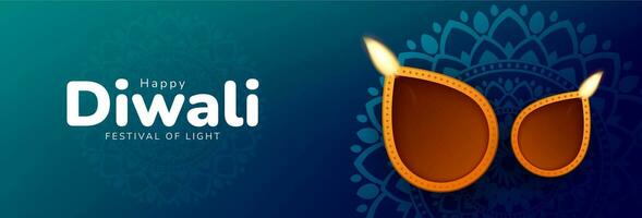 contento Diwali Festival bandiera design con decorativo diya lampade. vettore illustrazione