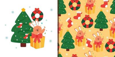senza soluzione di continuità modello e vettore illustrazione saluto carta cartone animato Natale elemento. carino carta e sfondo per regalo avvolgere carta