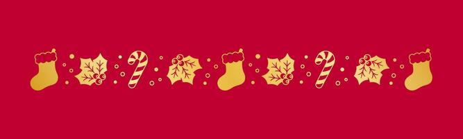 oro Natale a tema decorativo confine e testo divisore, Natale calza, caramella canna e vischio modello silhouette. vettore illustrazione.