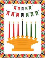 saluto carta con tradizionale candela titolare - kinara e bandiere con parole contento kanzaa. telaio con africano triangolo modelli. colore vettore illustrazione su bianca sfondo