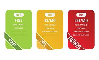 tariffa confronto tavolo bloccare - ragnatela ui grafico piatto modello - di base, standard, premio tariffe - tre Informazioni colonne con opzioni nel diverso colori - vettore infografica.