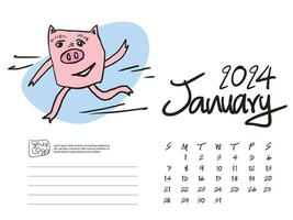 01-gennaio 2024 con maiale cartone animato vettore