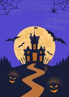 Halloween manifesto, pauroso festa invito volantino, striscione. buio castello, Luna, pipistrelli, tombe, lapidi, croci, albero, gufo, zucche. Halloween notte vettore illustrazione.