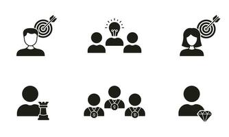 oggetto orientati e strategico persone silhouette icone impostare. attività commerciale bersaglio glifo pittogramma collezione. comando solido cartello. efficienza lavoro di squadra brainstorming simbolo. isolato vettore illustrazione.