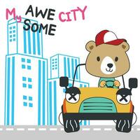 vettore illustrazione di divertente orso guida il rosso macchina. divertente sfondo cartone animato stile per bambini. poco avventura con animali su il strada per asilo disegno, cartone animato maglietta arte design.