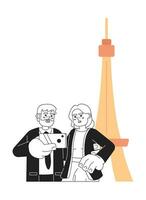 vecchio coppia attrazione turisti la pensione godendo nero e bianca 2d cartone animato personaggi. pensionati assunzione autoscatto a eiffel Torre isolato vettore schema le persone. monocromatico piatto individuare illustrazione