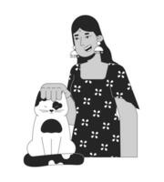 sorridente indù donna accarezzando gatto nero e bianca 2d linea cartone animato carattere. indiano signora indossare Bindi, graffiare gattino isolato vettore schema persona. animale domestico amante monocromatico piatto individuare illustrazione