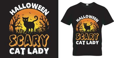 Halloween tipografia vettore maglietta design. Halloween pauroso gatto signora