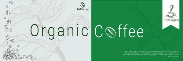 bandiera biologico caffè disegno, modello design per caffè roaster concetto, forno bandiera per eco memorizzare e mercato, fiore panoramico sfondo con vettore caffè fagioli illustrazione nel incisione stile.