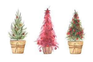 illustrazione dell'acquerello set di alberi di Natale in vaso. vettore