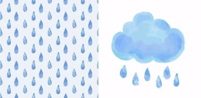 set - nuvola acquerello blu vettoriale e motivo senza cuciture con gocce di pioggia