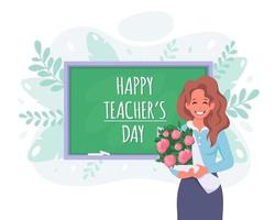 buona giornata dell'insegnante. insegnante donna con mazzo di fiori vettore