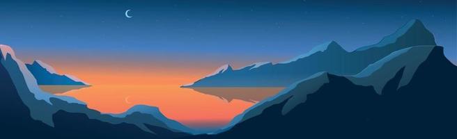 paesaggio di montagna, luna splendente sopra il lago di montagna notturno - vettore