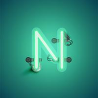 Carattere al neon realistico verde con fili e console da un fontset, illustrazione vettoriale