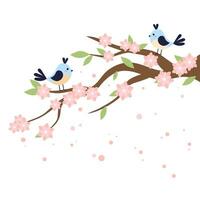 un' ramo con fioritura fiori. Due uccelli su un' fioritura ramo. primavera. vettore