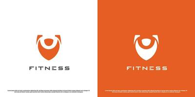 fitness scudo logo design illustrazione. piatto silhouette semplice moderno ombra minimalista delicato silenzioso geometrico maturo. bodybuilder sollevamento pesi forte sport fitness scudo Salute icona simbolo. vettore