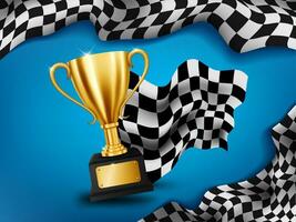 realistico d'oro trofeo con scacchi bandiera da corsa campionato sfondo, vettore illustrazione