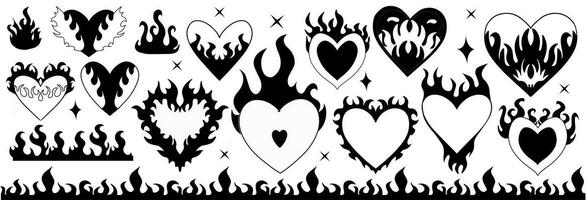 y2k anni 2000 carino emo goth ardente cuori adesivi, tatuaggio arte elementi . bruciare fuoco fiammeggiante cuore per San Valentino giorno. vettore illustrazione.