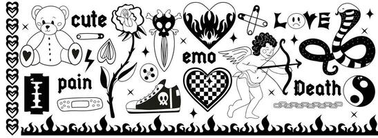 y2k anni 2000 nero grunge emo goth estetico adesivi, tatuaggio arte elementi e slogan. punk roccia cupo impostare. Gotico concetto di raccapricciante amore. vettore illustrazione