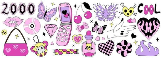 y2k anni 2000 affascinante impostare. anni 90 e anni 2000 stile. nostalgia 00s collezione rosa con retrò Telefono e fuoco cuore. vettore illustrazione