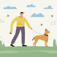 uomini camminare cane su natura o parco paesaggio vettore
