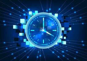 tempo tecnologia il orologio è nel un' tecnologico cerchio, il indietro è un' sporgente piazza geometrico forma. si riferisce per tecnologia essere sviluppato a un' rapido ritmo. vettore