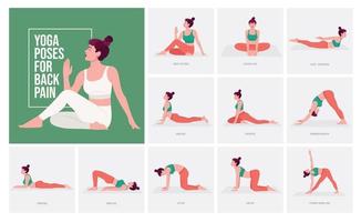 posizioni yoga per il mal di schiena. donna che pratica le pose di yoga. vettore