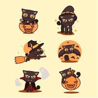 simpatica collezione di personaggi di gatti neri di halloween vettore
