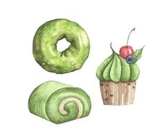 set di dolci matcha. illustrazione dell'acquerello. vettore