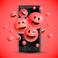 3D e diversi tipi di emoticon con smartphone opaco, illustartion vettore