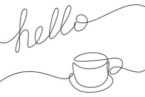 Ciao mattina design concetto con uno continuo linea lettering e tazza di caffè linea arte. isolato vettore