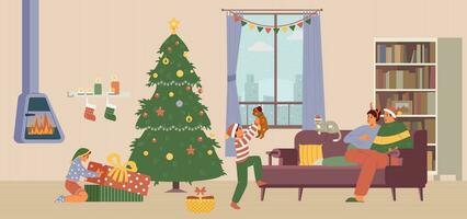 Natale mattina famiglia raccolta piatto vettore illustrazione. bambini apertura i regali, genitori seduta su il divano. vivente camera interno con Natale decorazioni.