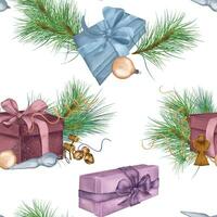 Natale senza soluzione di continuità modello di regalo scatole, Natale decorazioni digitale illustrazione isolato su bianca. pino ramo, cervo, angelo mano disegnato. elemento per vacanza Stampa, nuovo anno avvolgere, sfondo vettore