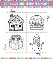 tagliare colore e imparare flashcard attività colorazione libro per bambini cartone animato personaggio nero contorno silhouette Natale tema vettore