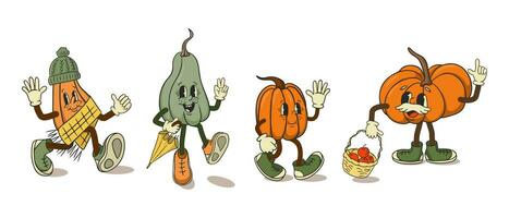 impostato di vecchio retrò cartone animato zucca personaggi. carino Vintage ▾ personaggi nel piatto stile. vettore isolato illustrazioni su bianca sfondo. autunno concetto illustrazione manifesti, saluti, maglietta Stampa