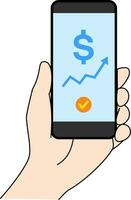 illustrazione di smartphone Tenere nel sinistra mano mostrando economico crescita tendenza informazione vettore