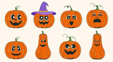 arancia zucca Sorridi viso retrò cartone animato stile impostato di Halloween vacanza vettore