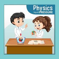 pressione del liquido di fisica con il personaggio dei cartoni animati dei bambini dello scienziato vettore
