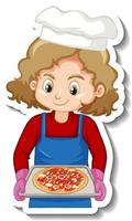 disegno adesivo con ragazza chef che tiene il vassoio della pizza vettore