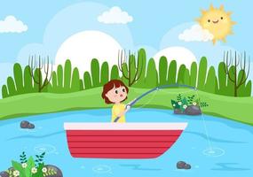 bambini che pescano illustrazione vettoriale di pesce