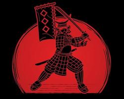 guerriero samurai silhouette con azione spada vettore