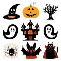 set jack o lantern, cappello da strega, albero, fantasma, castello, pipistrello, gatto, ragno vettore