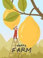 personaggi dei cartoni animati del contadino con l'illustrazione del manifesto della raccolta del limone vettore