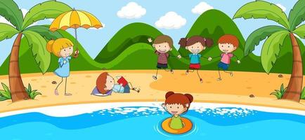 scena della spiaggia con molti bambini doodle personaggio dei cartoni animati vettore