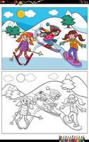 cartone animato sci ragazze personaggi libro da colorare pagina vettore