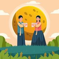 la coppia celebra il chuseok con la bella luna vettore