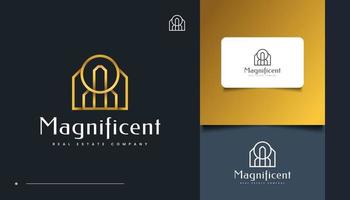 design del logo immobiliare di lusso in oro con stile di linea vettore